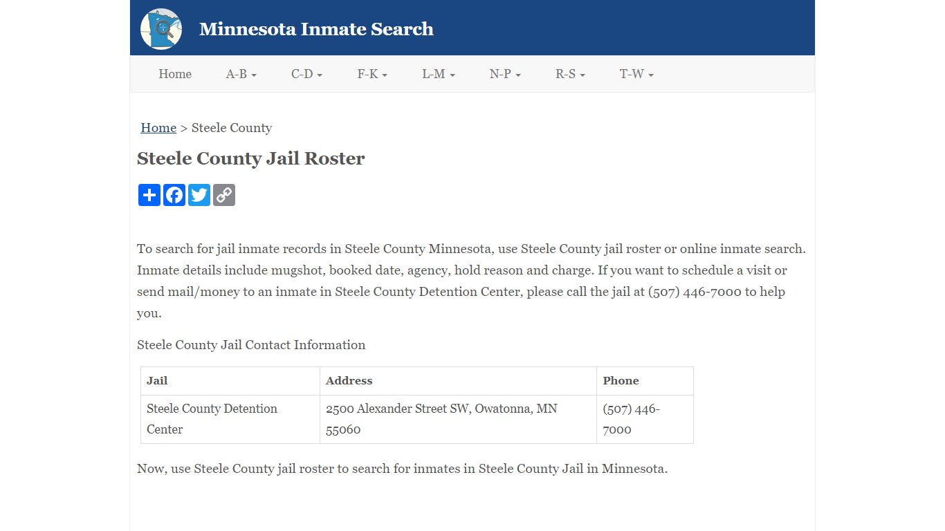 Steele County Jail Roster - Minnesota Inmate Search